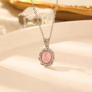 Elegant French design pink cat eye stone necklace with silver titanium steel chain