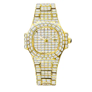 Men Quartz Watch Iced Out Full Rhinestone Square Face Luxury Gold Plated Stainless Steel Waterproof Calendar Fashion