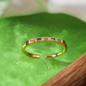 Exquisite gold-plated open ring with multi-colored rectangular zircon stones for women