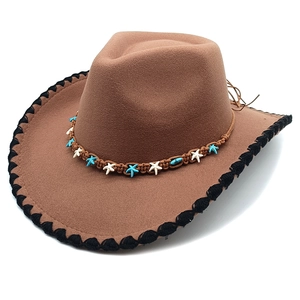 Brown wool cowboy hat featuring a braided band with white and blue starfish beads