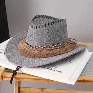 Men's grey denim fishing hat with wide brim, decorative tassels and adjustable wind cord