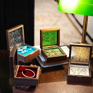Vintage Solid Walnut Wood Jewelry Box With Embossed Glass Lid Velvet Lining Storage Case For Rings Earrings Bracelets