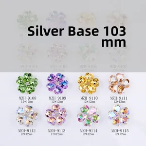 Detailed grid of 12mm crystal heart petal flowers with silver base in assorted colors