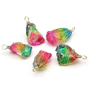 Set of five natural rainbow crystal raw stone pendants with handmade gold wire wrapping