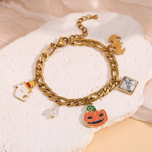 Bracciale a catena Figaro placcato oro 18K con ciondoli zucca e fantasma di Halloween