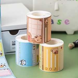 Three rolls of cute cartoon capybara and panda sticky notes in brown, blue, and yellow