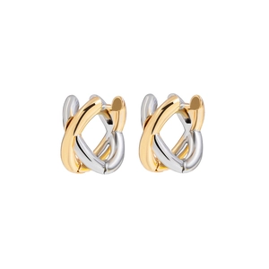 Polished gold and silver interlocking crossover hoop earrings with a minimalist design
