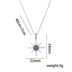 Silver starburst planet necklace with blue zircon pendant and detailed size specifications