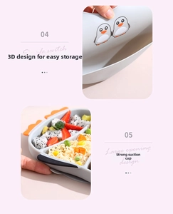 Detail of 3D silicone baby bib and suction plate with separate food compartments