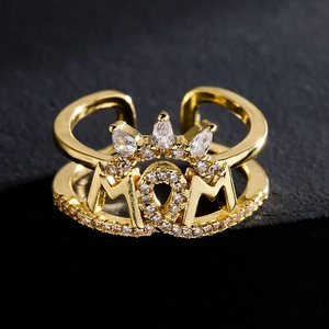 MOM Crown Butterfly Adjustable Open Ring Copper 18K Gold Plated Zircon Dainty Jewelry Gift For Women Mother