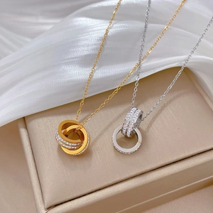 Minimalist titanium steel double ring necklace with zircon crystals in gold and silver