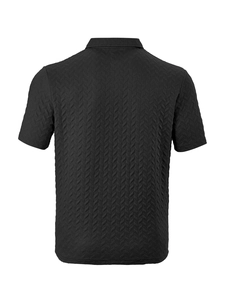 Rear view of black men's Polo shirt showing textured herringbone jacquard fabric and collar