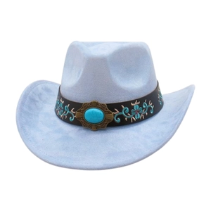 Light blue western cowboy hat with ethnic floral embroidery and turquoise stone detail