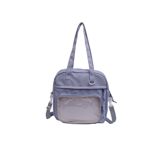 Sac fourre-tout lavande en nylon avec poche filet et bandoulière grise amovible