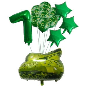 Military camo party balloon set with number 1, army tank, and green star foil balloons