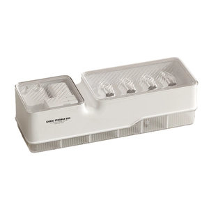 White cable storage box with transparent striped lid for desktop wire management