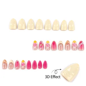 Short almond press-on nails set with 3D floral designs and pearl accents on white background