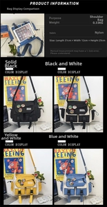Detailed spec chart of nylon messenger bag showing 31x12x25cm size and four colorways