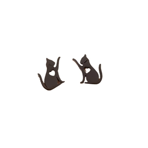 Minimalist black stainless steel cat stud earrings with hollow heart design for women