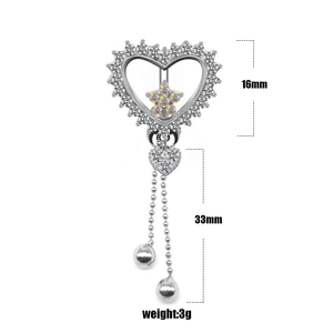 Detailed technical drawing of heart belly ring showing 16mm heart size and 33mm length