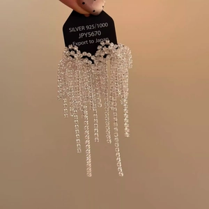 Luxurious 925 silver long tassel earrings with sparkling rhinestones in firework style