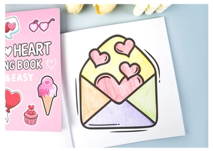 Close-up of heart envelope coloring page and pink cover of kids coloring book