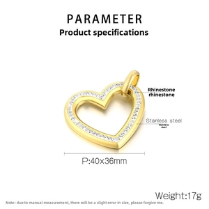 Macro view of gold-plated heart pendant with rhinestones including size and weight specs