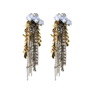 Elegant gold drop earrings with zircon studs, miniature roses and long tassel chains for women