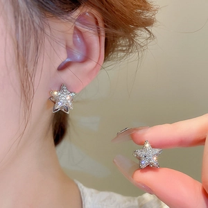 Minimalist silver pentagram star earrings with sparkling zircon crystals for women