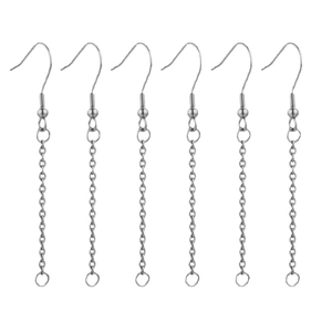 Pack of 6 silver stainless steel ear wire hooks with tassel drop chains for DIY jewelry making