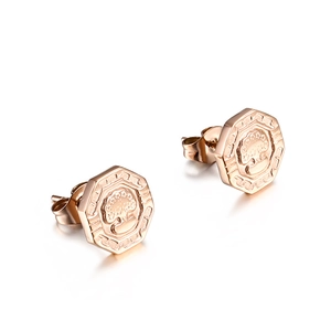 Boucles d'oreilles en acier inoxydable or rose avec arbre de vie et monture hexagonale