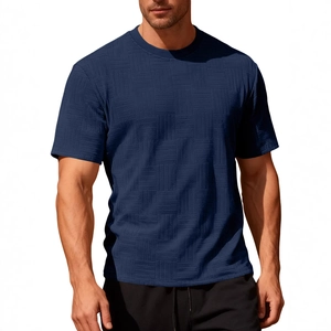 Slim fit navy blue men's t-shirt with geometric textured knit and crew neck design
