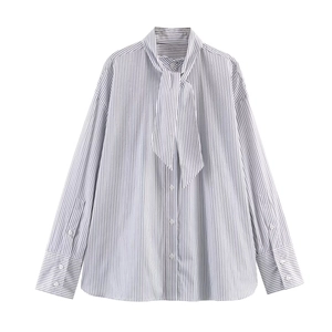 Camicia In Popeline A Righe Donna Manica Lunga Collo Con Fiocco Bottoni Elegante Casual Moda Blusa