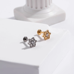 Pair of titanium labret studs with hexagram star design and clear zircon in gold and silver