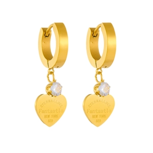 Detail of gold heart earrings with zircon studs and Eternal Love engraving on white background