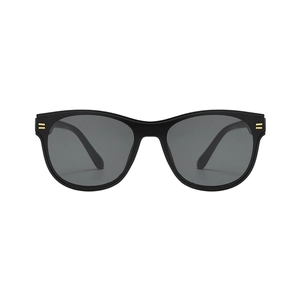 Modern oval sunglasses with black frames and grey lenses on a clean white background