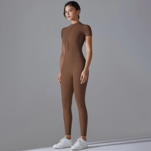 Deep brown high-stretch one-piece yoga jumpsuit with half-zipper and short sleeves