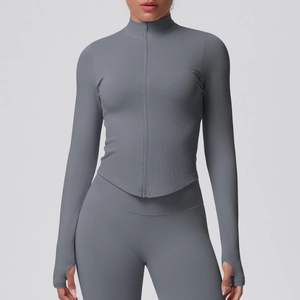 Detailed knit texture and thumbhole cuffs on slim fit zip-up yoga jacket in dark grey