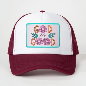 Vintage burgundy and white trucker hat featuring a God is Good floral embroidery patch
