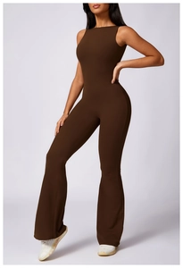 Macro shot of dark brown flare yoga jumpsuit showing high-stretch knit texture