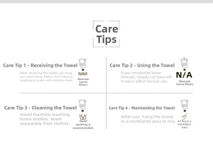 Detailed towel care instructions showing washing, drying, and maintenance tips on a white background