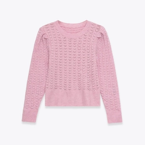 Women Pink Knit Sweater Acrylic Polyester Hollow Out Wavy Pattern Round Neck Long Sleeve Puff Sleeve Pullover Top