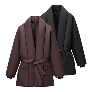 Women Puffer Jacket Mid Length Belted Shawl Collar Warm Winter Cotton Padded Coat Polyester Solid Color Outerwear
