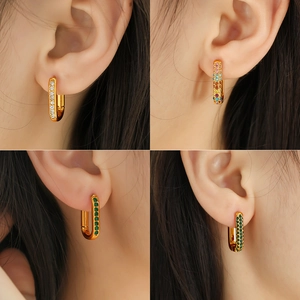 U-shaped geometric hoop earrings in gold plated titanium steel with zircon crystal inlay