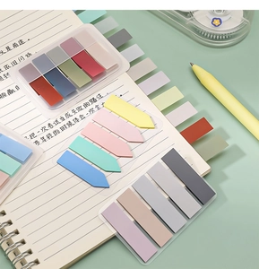 Detailed view of Morandi sticky notes on a notebook with stationery and pens