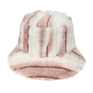 Close-up of soft faux fur bucket hat featuring white and greyish pink vertical stripes