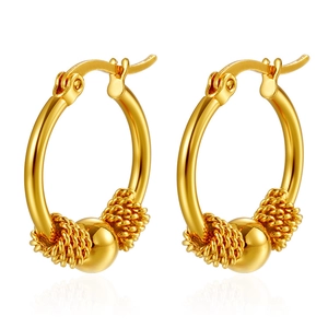 18K gold plated stainless steel hoop earrings with textured and smooth center beads