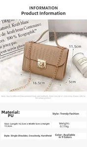 Detail of khaki PU leather bag with V-shaped texture, gold buckle, and chain strap specs