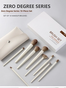 Detail shot of the Zero Degree 10-piece makeup brush set with elegant beige storage bag