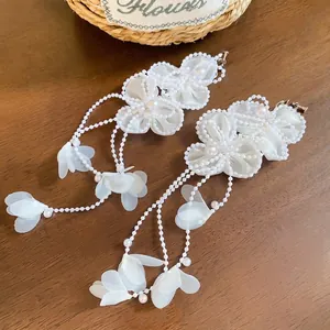 Elegant white chiffon flower petal tassel earrings with pearls for a sweet aesthetic look